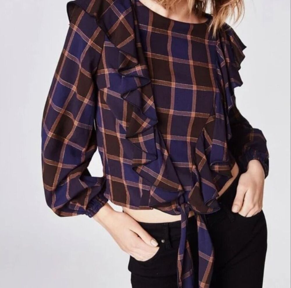 Nicole Miller Ruffle Neck Plaid Blouse | Size Medium | Fall Statement Top